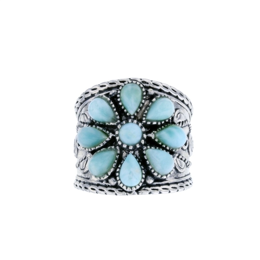 925 Sterling Silver Larimar Flower Shape Wide Band Vintage Ring 8.9 gm